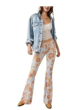 Free People Sz S Make A Statement Floral Flare Pants In Cloud Combo Boho, Retro